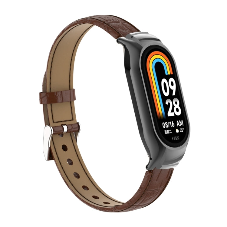 For Xiaomi Mi Band 8 Integrated Metal Case + Cocodile Texture Leather Watch Band(Brown)