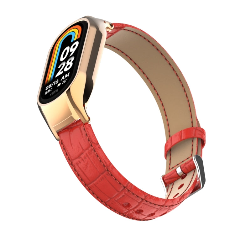 For Xiaomi Mi Band 8 Integrated Metal Case + Cocodile Texture Leather Watch Band(Red) - Smart Wear by PMC TechLife | Online Shopping South Africa | PMC TechLife