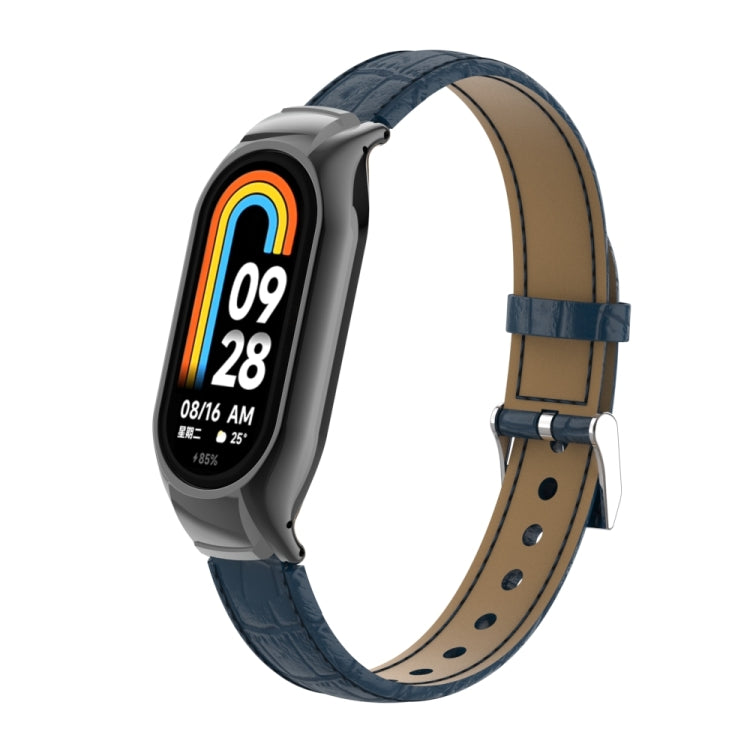 For Xiaomi Mi Band 8 Integrated Metal Case + Cocodile Texture Leather Watch Band(Blue) - Smart Wear by PMC TechLife | Online Shopping South Africa | PMC TechLife