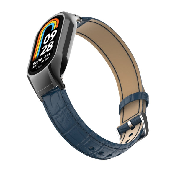 For Xiaomi Mi Band 8 Integrated Metal Case + Cocodile Texture Leather Watch Band(Blue)