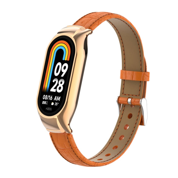 For Xiaomi Mi Band 8 Integrated Metal Case + Cocodile Texture Leather Watch Band(Orange)