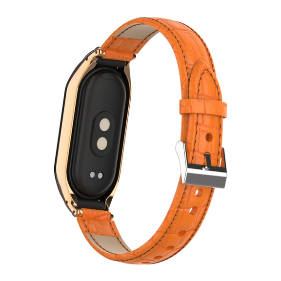For Xiaomi Mi Band 8 Integrated Metal Case + Cocodile Texture Leather Watch Band(Orange)