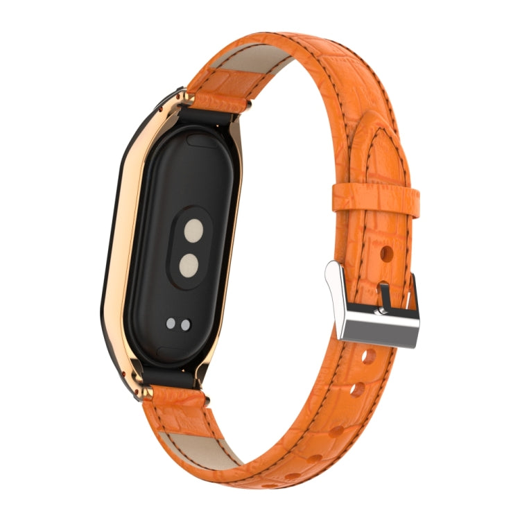 For Xiaomi Mi Band 8 Integrated Metal Case + Cocodile Texture Leather Watch Band(Orange)