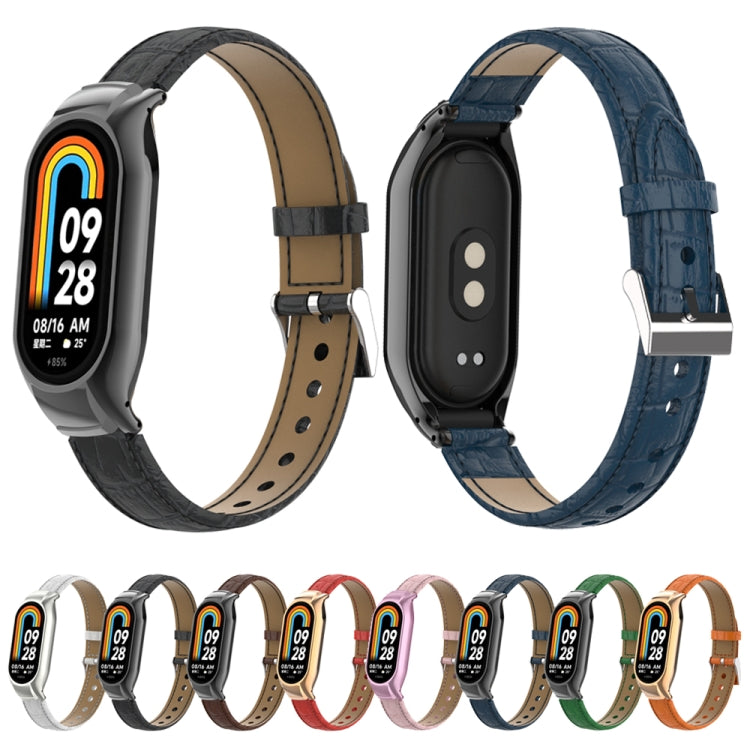 For Xiaomi Mi Band 8 Integrated Metal Case + Cocodile Texture Leather Watch Band(Brown)