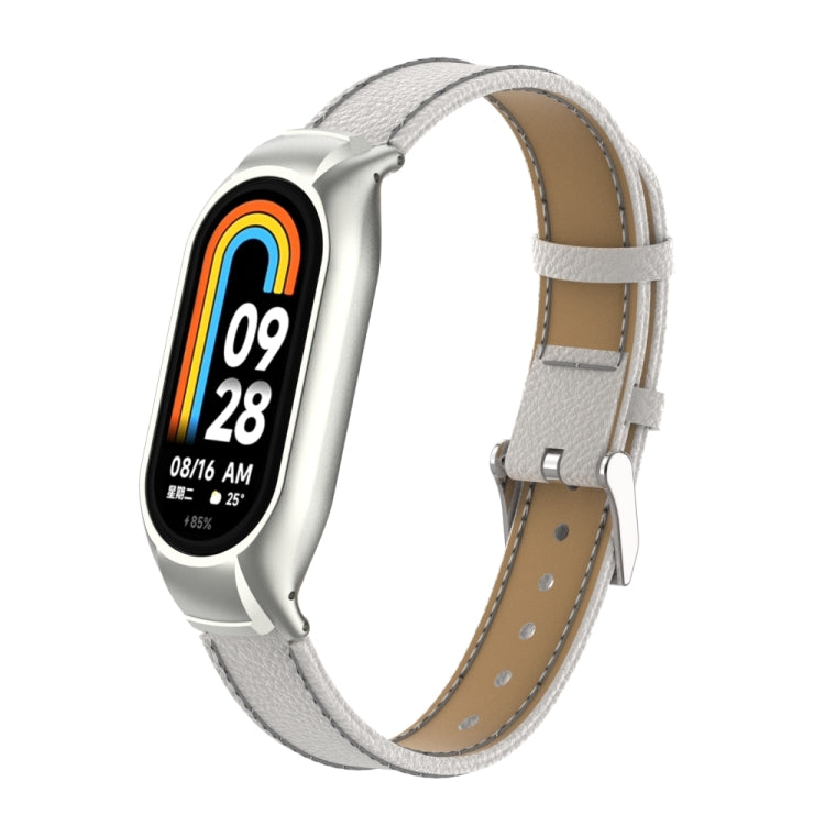 For Xiaomi Mi Band 8 Integrated Metal Case + Litchi Texture Leather Watch Band(White)