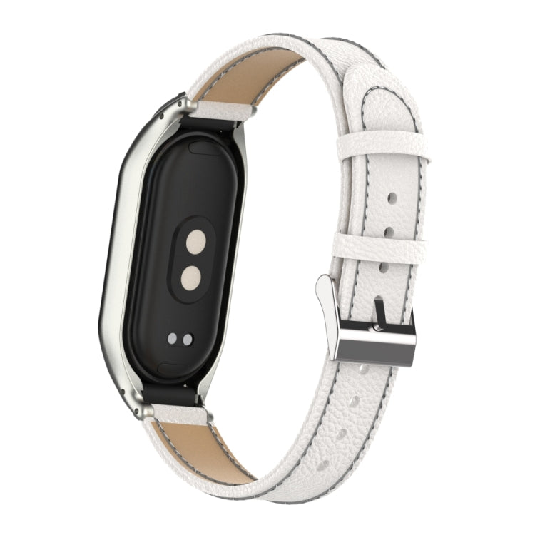 For Xiaomi Mi Band 8 Integrated Metal Case + Litchi Texture Leather Watch Band(White) - Smart Wear by PMC TechLife | Online Shopping South Africa | PMC TechLife