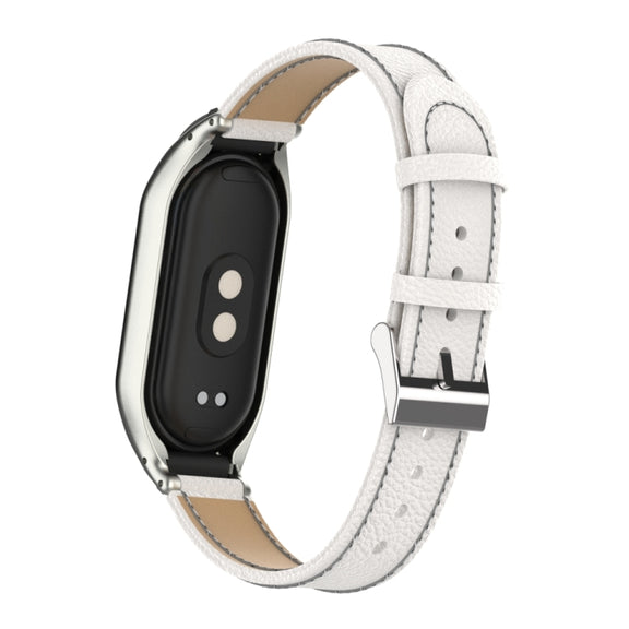 For Xiaomi Mi Band 8 Integrated Metal Case + Litchi Texture Leather Watch Band(White)