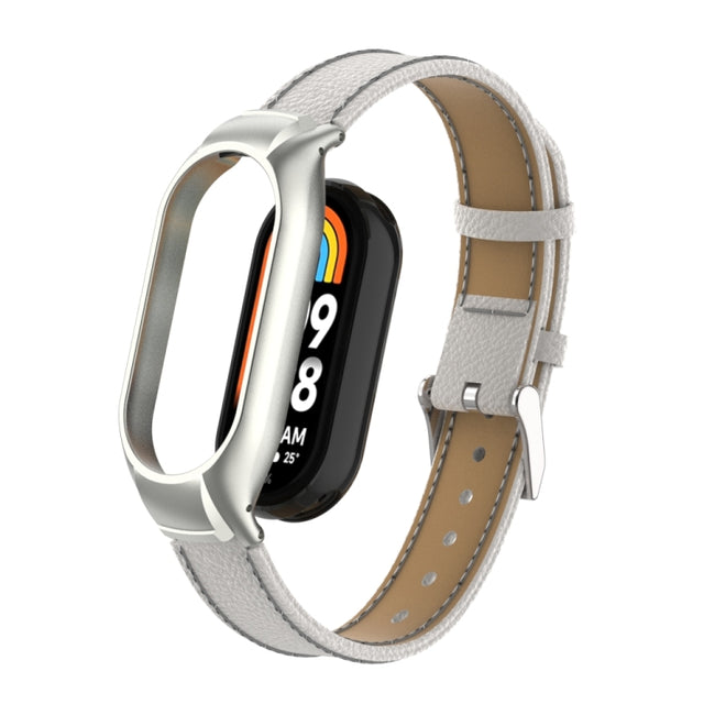 For Xiaomi Mi Band 8 Integrated Metal Case + Litchi Texture Leather Watch Band(White)