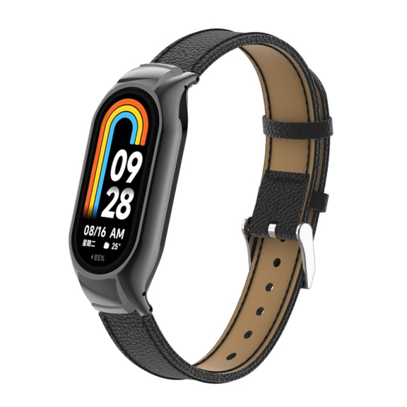 For Xiaomi Mi Band 8 Integrated Metal Case + Litchi Texture Leather Watch Band(Black)