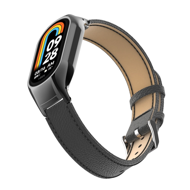 For Xiaomi Mi Band 8 Integrated Metal Case + Litchi Texture Leather Watch Band(Black)