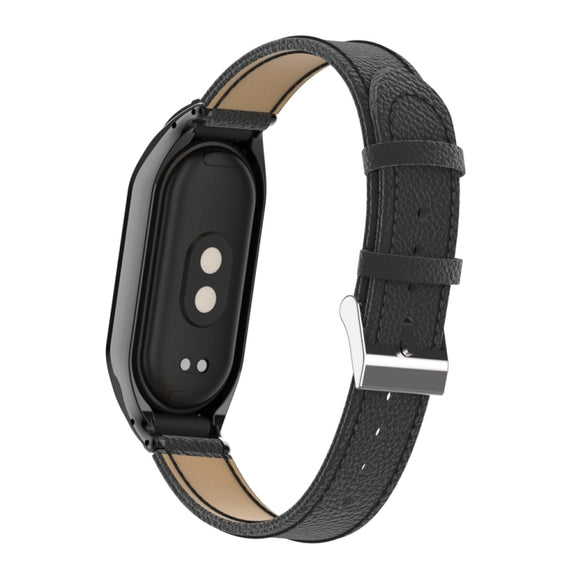For Xiaomi Mi Band 8 Integrated Metal Case + Litchi Texture Leather Watch Band(Black)