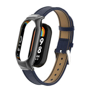 For Xiaomi Mi Band 8 Integrated Metal Case + Litchi Texture Leather Watch Band(Blue)
