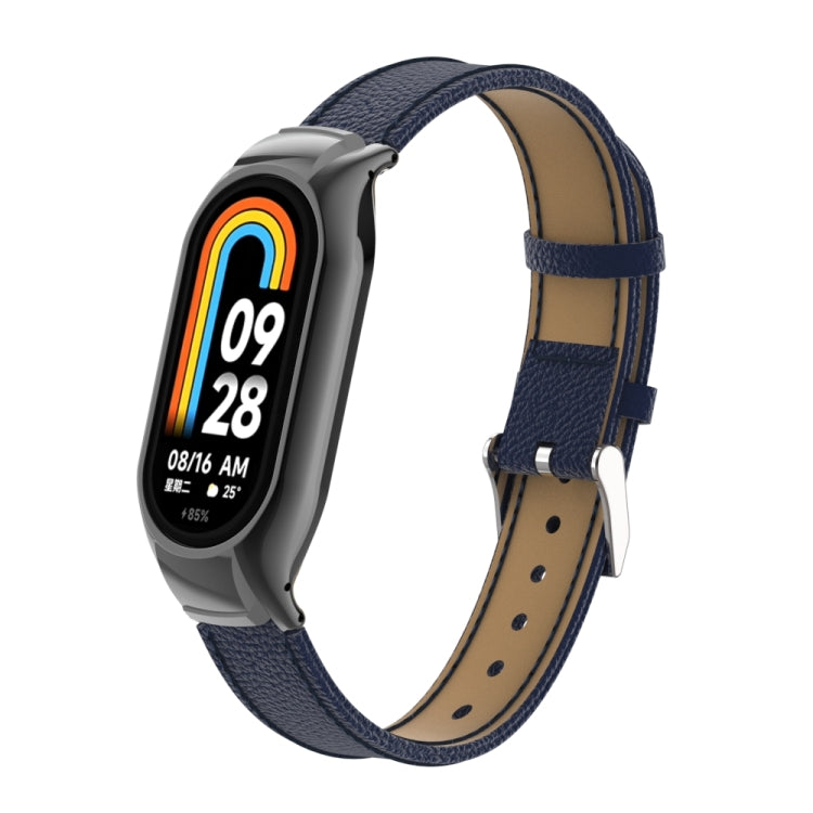 For Xiaomi Mi Band 8 Integrated Metal Case + Litchi Texture Leather Watch Band(Blue)