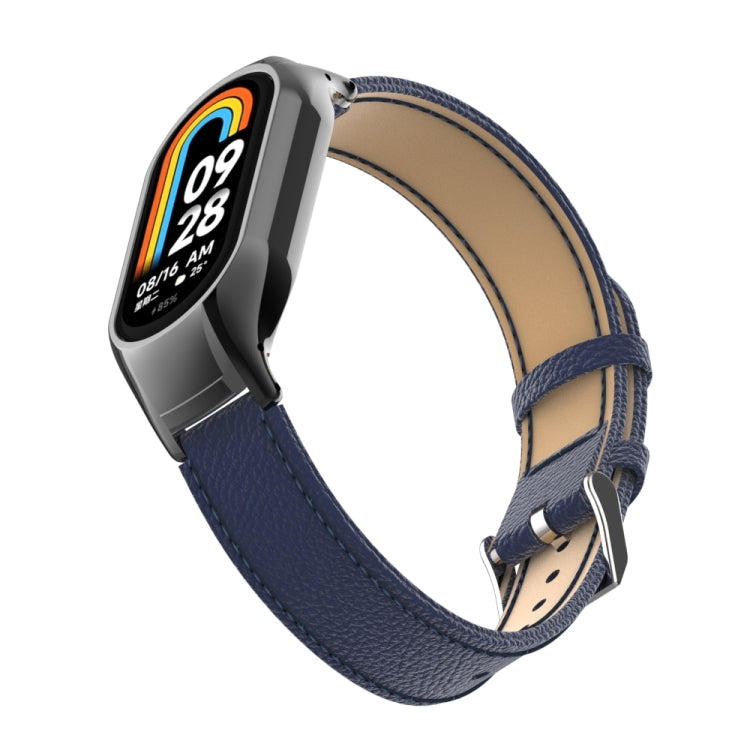 For Xiaomi Mi Band 8 Integrated Metal Case + Litchi Texture Leather Watch Band(Blue)