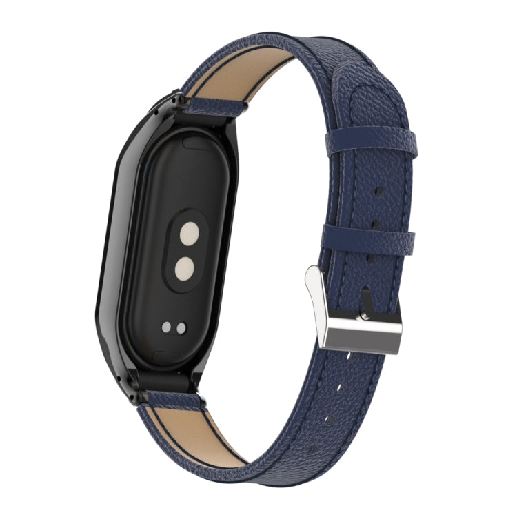 For Xiaomi Mi Band 8 Integrated Metal Case + Litchi Texture Leather Watch Band(Blue)