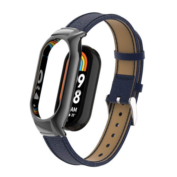 For Xiaomi Mi Band 8 Integrated Metal Case + Litchi Texture Leather Watch Band(Blue)