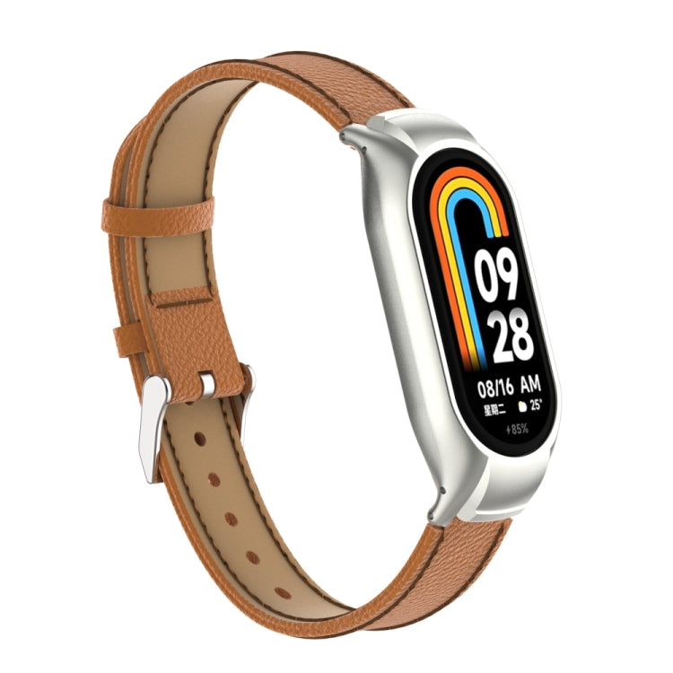 For Xiaomi Mi Band 8 Integrated Metal Case + Litchi Texture Leather Watch Band(Brown) - Smart Wear by PMC TechLife | Online Shopping South Africa | PMC TechLife
