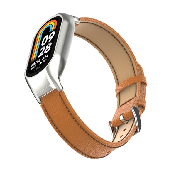 For Xiaomi Mi Band 8 Integrated Metal Case + Litchi Texture Leather Watch Band(Brown)