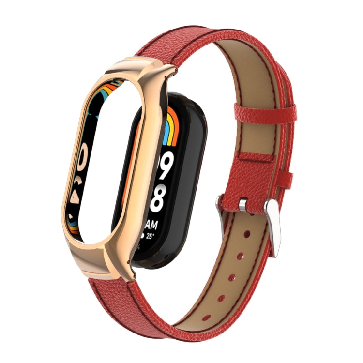 For Xiaomi Mi Band 8 Integrated Metal Case + Litchi Texture Leather Watch Band(Red) - Smart Wear by PMC TechLife | Online Shopping South Africa | PMC TechLife