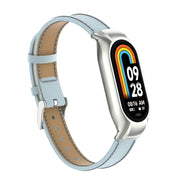 For Xiaomi Mi Band 8 Integrated Metal Case + Litchi Texture Leather Watch Band(Light Cyan)