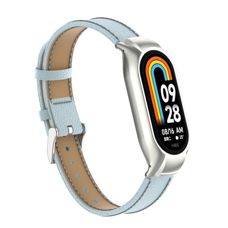 For Xiaomi Mi Band 8 Integrated Metal Case + Litchi Texture Leather Watch Band(Light Cyan)
