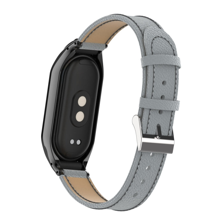 For Xiaomi Mi Band 8 Integrated Metal Case + Litchi Texture Leather Watch Band(Grey) - Smart Wear by PMC TechLife | Online Shopping South Africa | PMC TechLife