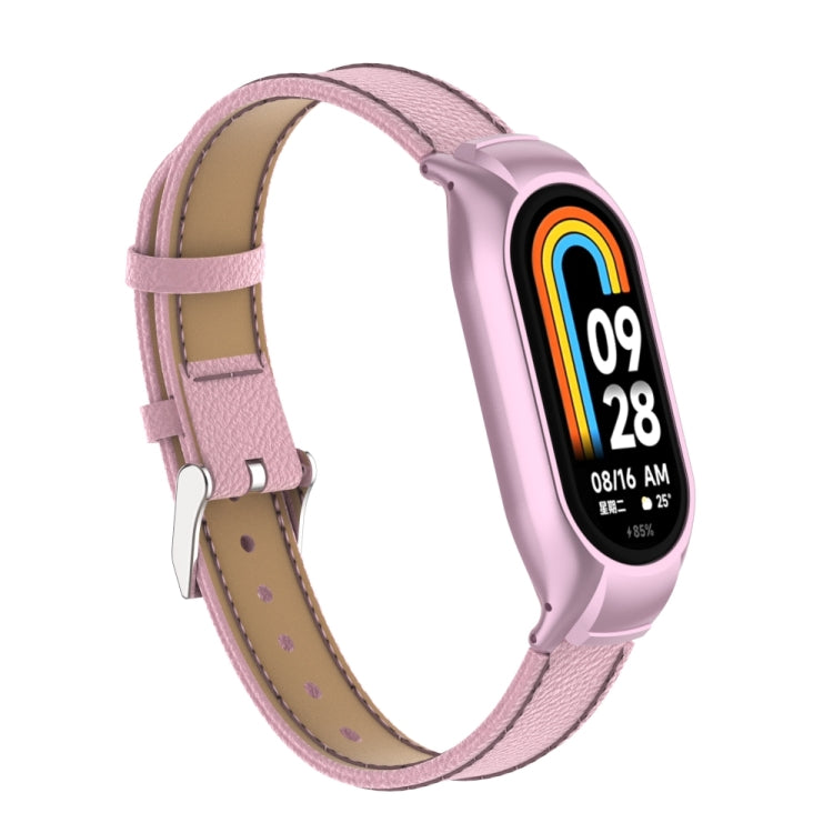 For Xiaomi Mi Band 8 Integrated Metal Case + Litchi Texture Leather Watch Band(Pink) - Smart Wear by PMC TechLife | Online Shopping South Africa | PMC TechLife