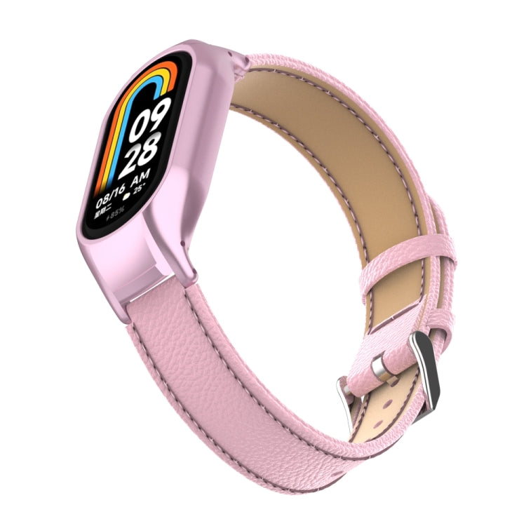 For Xiaomi Mi Band 8 Integrated Metal Case + Litchi Texture Leather Watch Band(Pink) - Smart Wear by PMC TechLife | Online Shopping South Africa | PMC TechLife