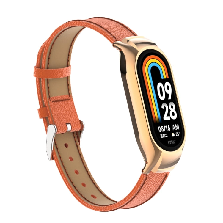 For Xiaomi Mi Band 8 Integrated Metal Case + Litchi Texture Leather Watch Band(Orange)