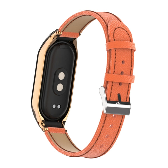 For Xiaomi Mi Band 8 Integrated Metal Case + Litchi Texture Leather Watch Band(Orange)