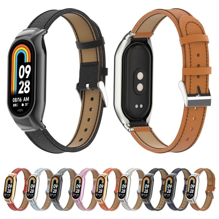 For Xiaomi Mi Band 8 Integrated Metal Case + Litchi Texture Leather Watch Band(Orange)