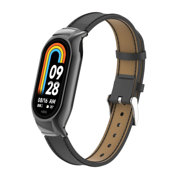 For Xiaomi Mi Band 8 Integrated Metal Case + Microfiber Sewing Leather Watch Band(Black)