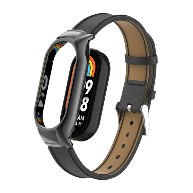 For Xiaomi Mi Band 8 Integrated Metal Case + Microfiber Sewing Leather Watch Band(Black)