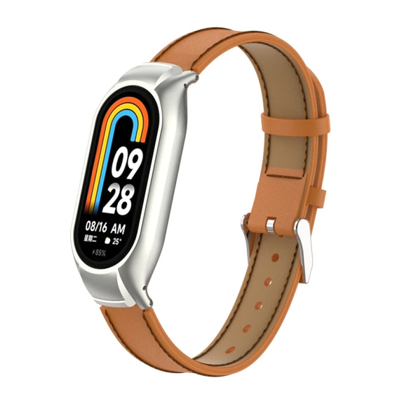 For Xiaomi Mi Band 8 Integrated Metal Case + Microfiber Sewing Leather Watch Band(Brown)
