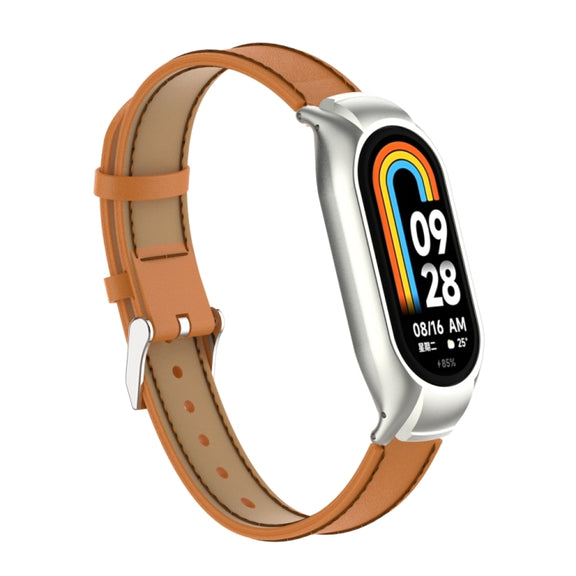 For Xiaomi Mi Band 8 Integrated Metal Case + Microfiber Sewing Leather Watch Band(Brown)
