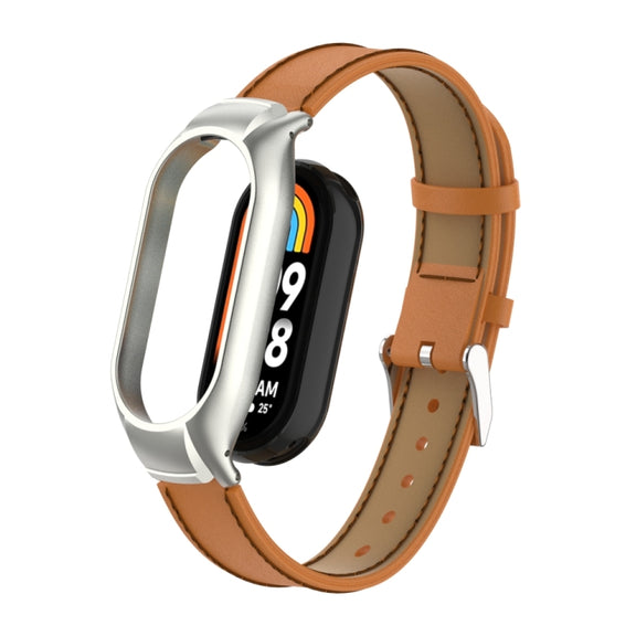 For Xiaomi Mi Band 8 Integrated Metal Case + Microfiber Sewing Leather Watch Band(Brown)