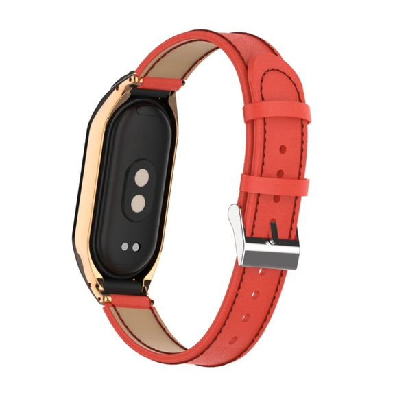 For Xiaomi Mi Band 8 Integrated Metal Case + Microfiber Sewing Leather Watch Band(Red)