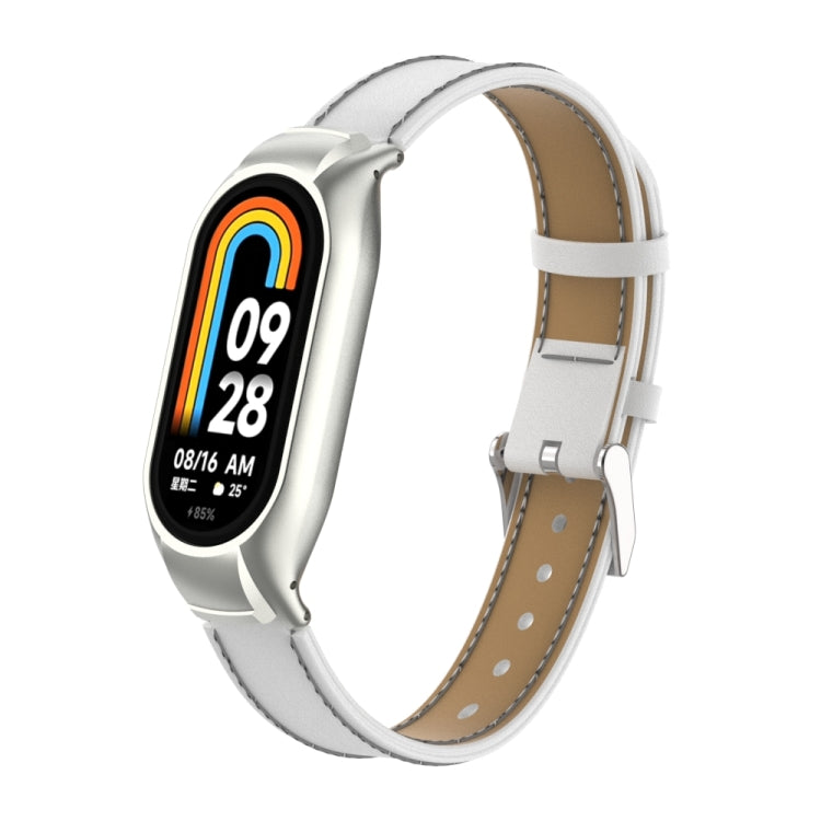 For Xiaomi Mi Band 8 Integrated Metal Case + Microfiber Sewing Leather Watch Band(White)