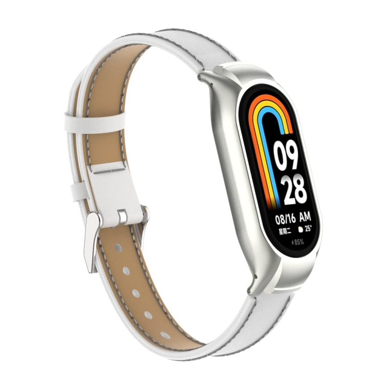 For Xiaomi Mi Band 8 Integrated Metal Case + Microfiber Sewing Leather Watch Band(White)