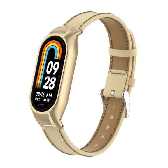 For Xiaomi Mi Band 8 Integrated Metal Case + Microfiber Sewing Leather Watch Band(Champagne)