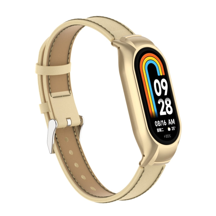 For Xiaomi Mi Band 8 Integrated Metal Case + Microfiber Sewing Leather Watch Band(Champagne) - Smart Wear by PMC TechLife | Online Shopping South Africa | PMC TechLife