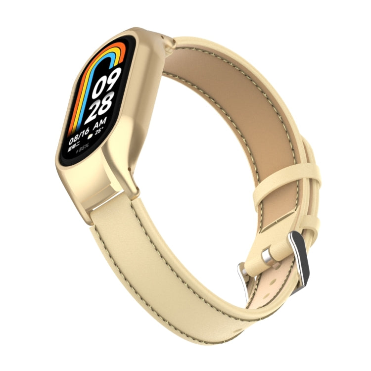 For Xiaomi Mi Band 8 Integrated Metal Case + Microfiber Sewing Leather Watch Band(Champagne)