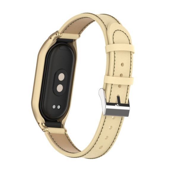 For Xiaomi Mi Band 8 Integrated Metal Case + Microfiber Sewing Leather Watch Band(Champagne)