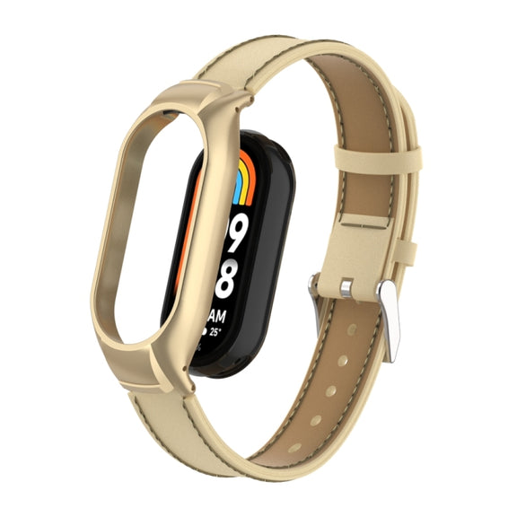 For Xiaomi Mi Band 8 Integrated Metal Case + Microfiber Sewing Leather Watch Band(Champagne)