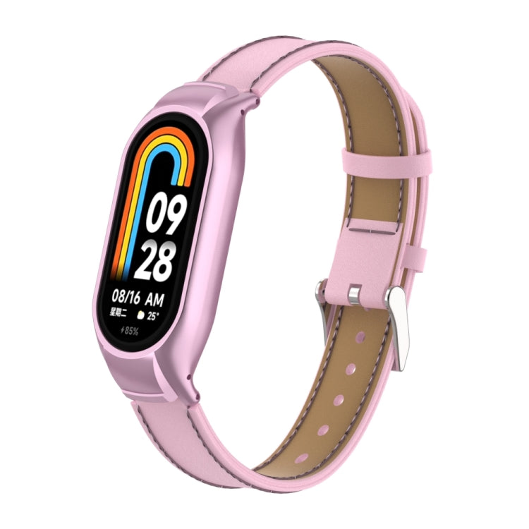 For Xiaomi Mi Band 8 Integrated Metal Case + Microfiber Sewing Leather Watch Band(Pink) - Smart Wear by PMC TechLife | Online Shopping South Africa | PMC TechLife