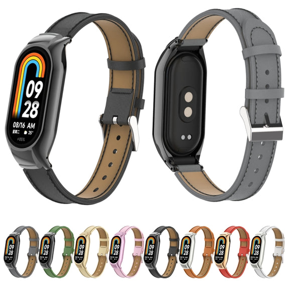 For Xiaomi Mi Band 8 Integrated Metal Case + Microfiber Sewing Leather Watch Band(Green)