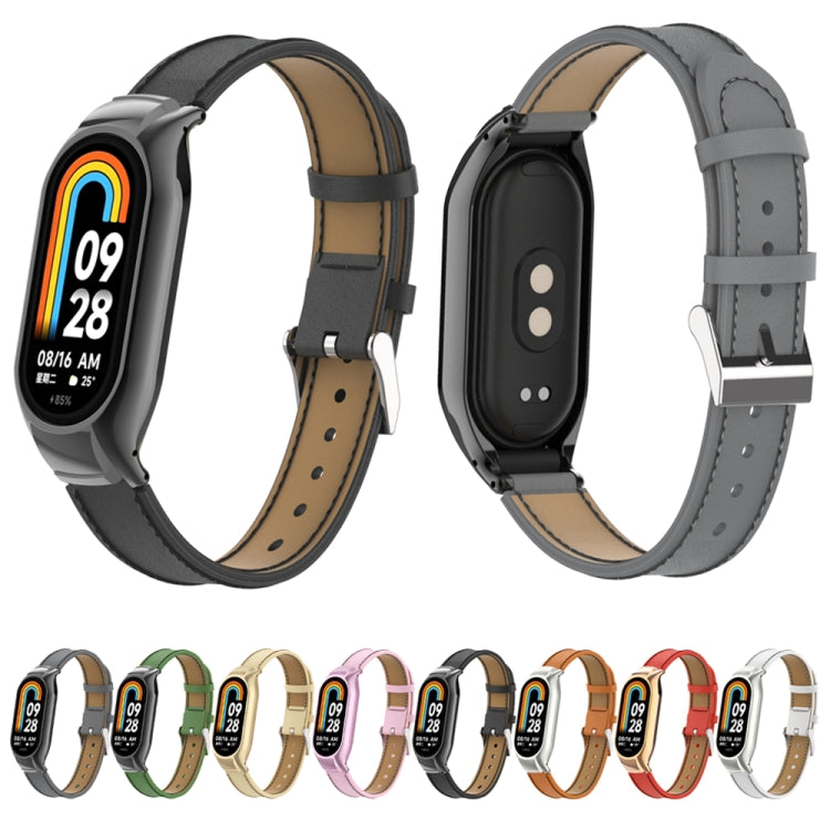 For Xiaomi Mi Band 8 Integrated Metal Case + Microfiber Sewing Leather Watch Band(Green)