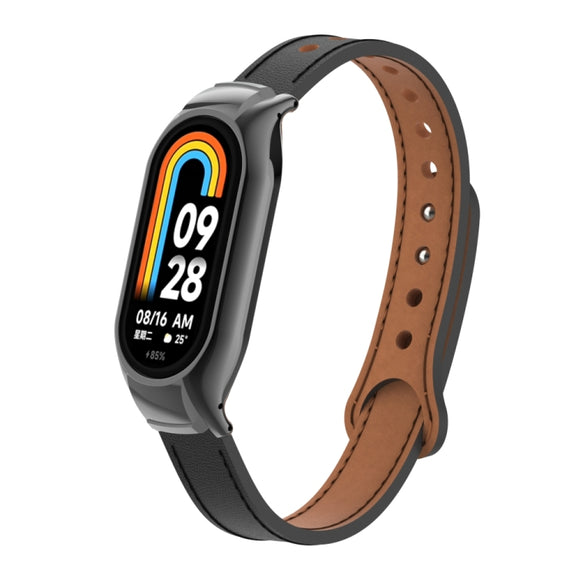 For Xiaomi Mi Band 8 Integrated Metal Case + Double Nail Microfiber Leather Watch Band(Black)