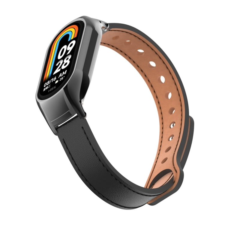 For Xiaomi Mi Band 8 Integrated Metal Case + Double Nail Microfiber Leather Watch Band(Black)