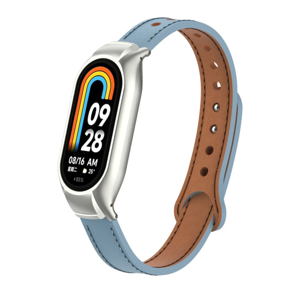 For Xiaomi Mi Band 8 Integrated Metal Case + Double Nail Microfiber Leather Watch Band(Light Blue)